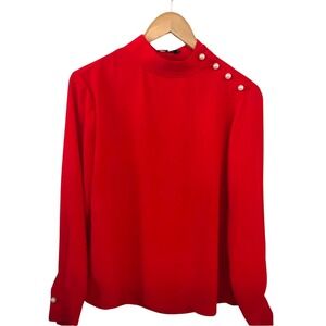 Zara Basic Red Mock Neck Blouse Faux Pearl Shoulder Button Long Sleeve Small